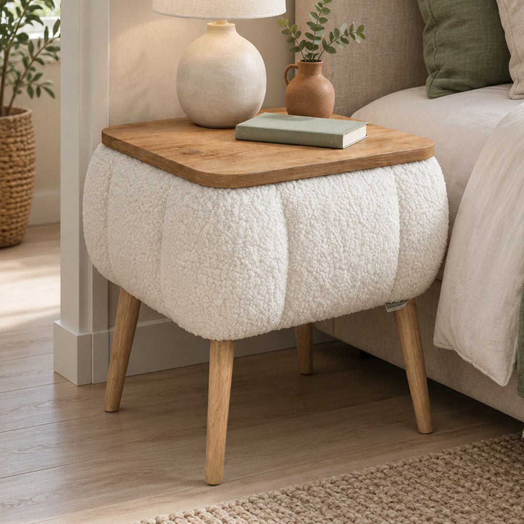LINA Noptiera cu Spatiu Depozitare Tapitata Boucle Alb 45x35x45 cm Design Scandinav - imagine principala