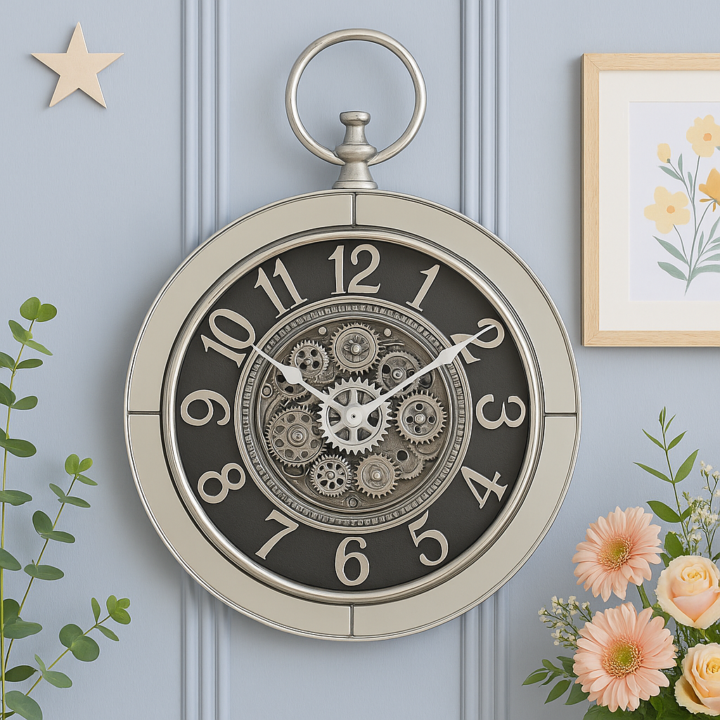 Ceas de Perete Stil Vintage – Design cu Mecanisme Vizibile, Carcasa Metalica cu oglinda si Detalii Premium