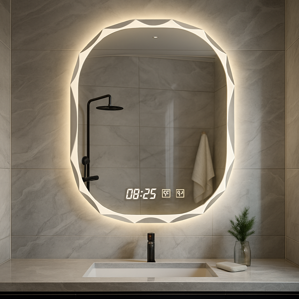 Oglinda Baie LED Ovală cu Senzor Touch, Dezaburire si Ceas – Design Modern 80 x 60 cm