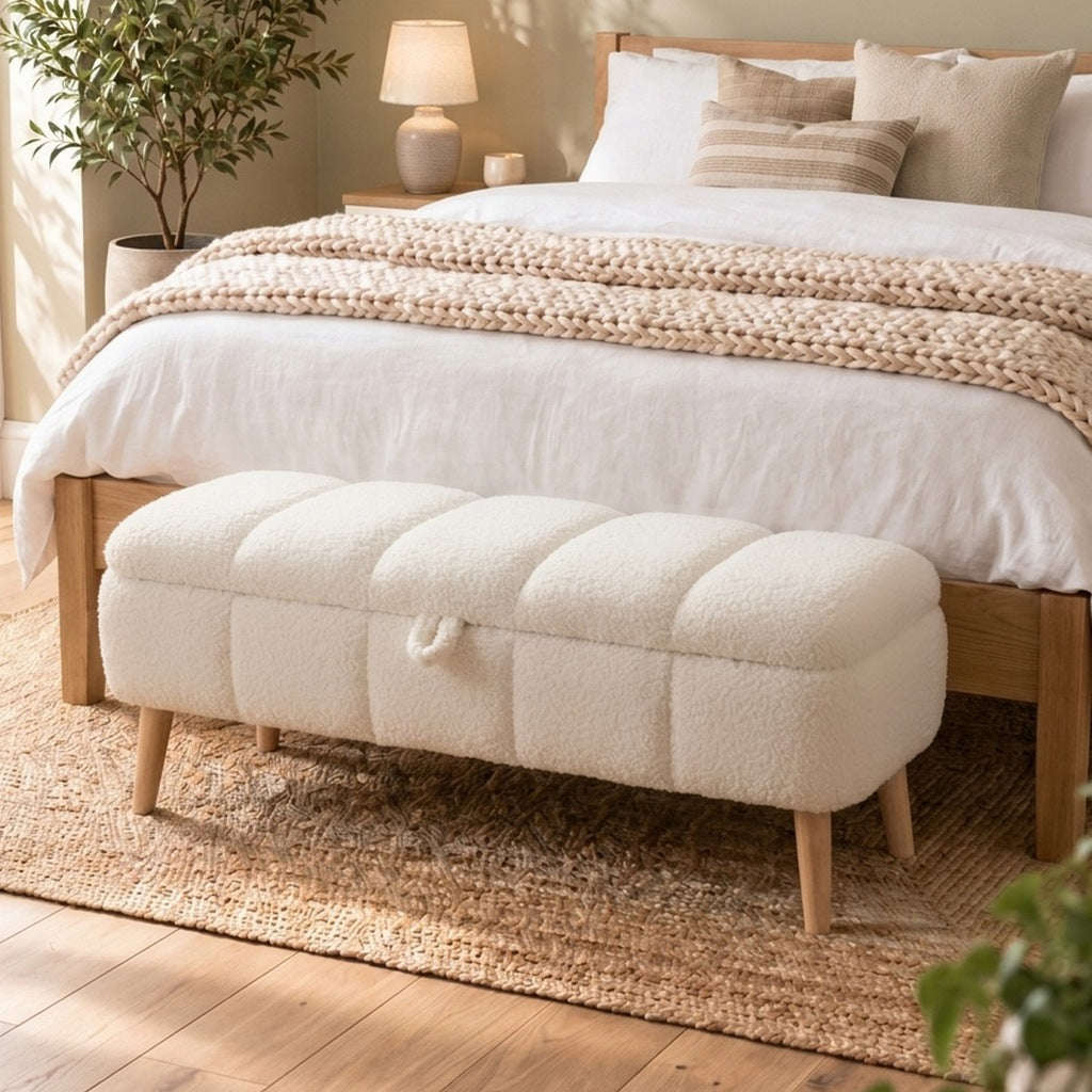 Banchetă tapițată Boucle alb-crem cu spațiu de depozitare – 90 × 35 × 45 cm - imagine principala