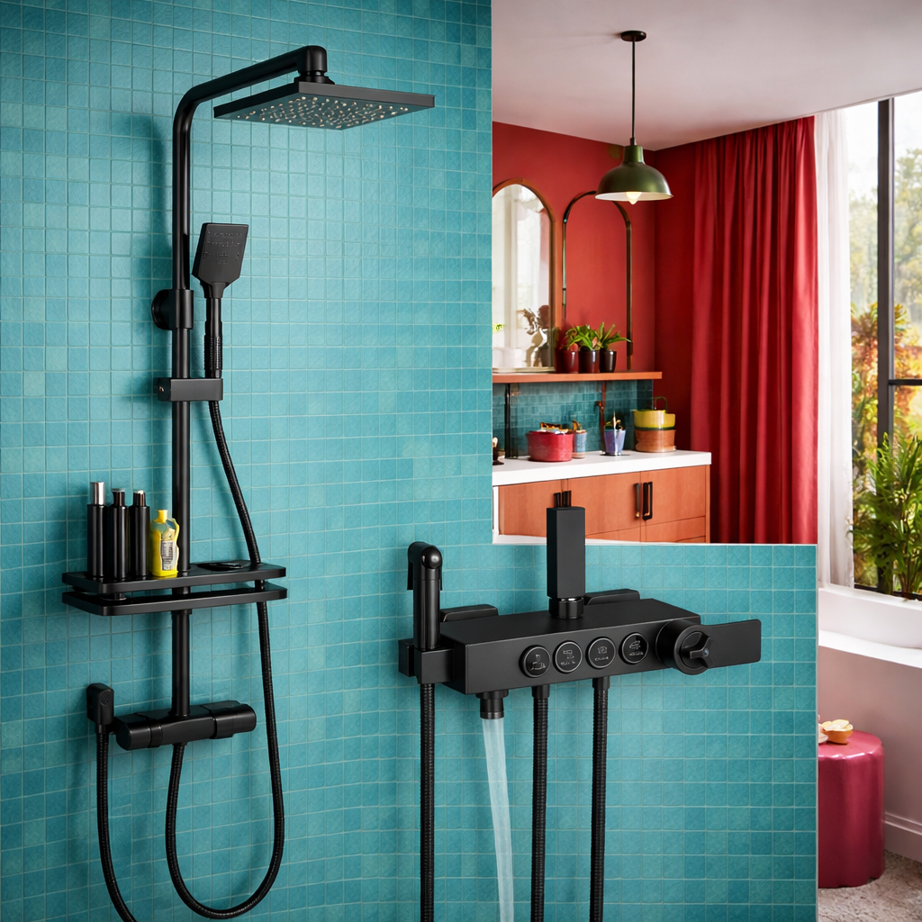 Coloana dus premium, cu termostat, 4 functii – set complet baie moderna
