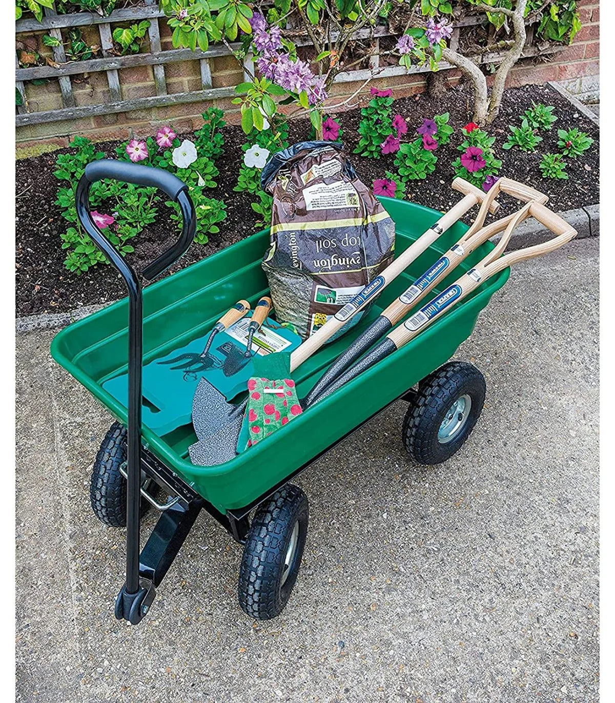 Carucior pentru gradina si curte, cuva basculanta, 125 L, roti cauciuc, verde