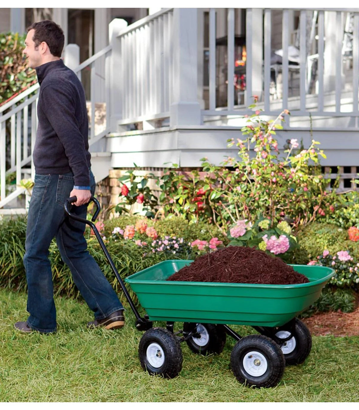 Carucior pentru gradina si curte, cuva basculanta, 125 L, roti cauciuc, verde