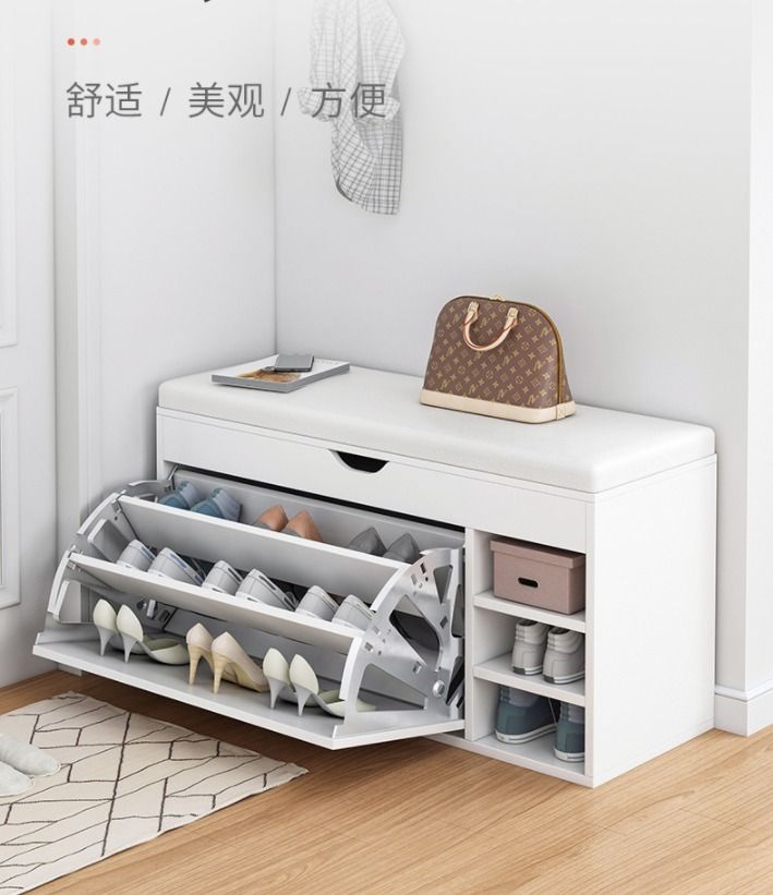 RESIGILAT - Dulap pentru pantofi tip bancheta, 100 x 34 x 51 cm, Alb/Maro