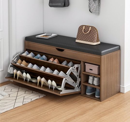 Dulap pentru pantofi tip bancheta, 100 x 34 x 51 cm, Alb/Maro