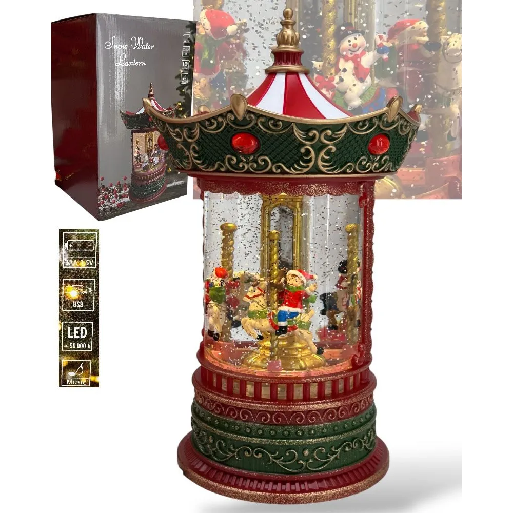 Glob de zapada muzical cu carusel de Craciun, premium,cu lumini LED, efect de ninsoare si figurine Mos Craciun si Om de Zapada