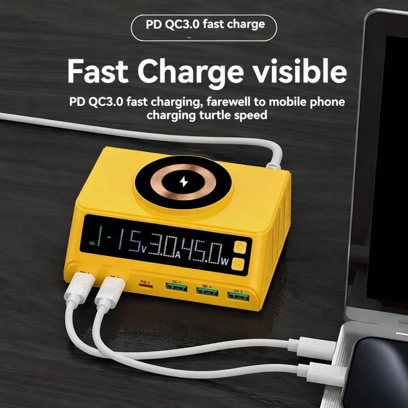 Statie de incarcare wireless M9A 110W cu 6 porturi USB si afisaj LED – Galben