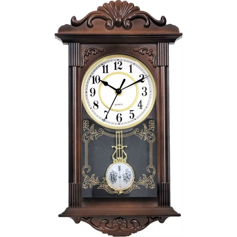 RESIGILAT - Ceas de perete vintage cu pendul, aspect lemn, 41 cm x 22 cm x 7 cm