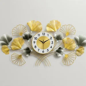Ceas Decorativ de Perete, Design Floral Modern, Metal Auriu si Gri-Verzui, 90 x 45 cm