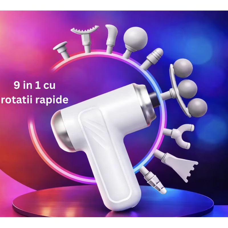 Aparat Masaj Profesional Pistol 9 in 1 USB Reincarcabil Portabil Gri - detaliu produs