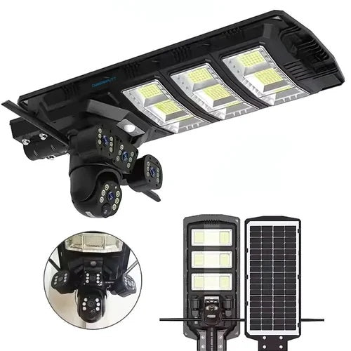 Lampa cu panou solar, 450 W, cu 3 camere supraveghere incorporate, slot sim, 4G, 12MP
