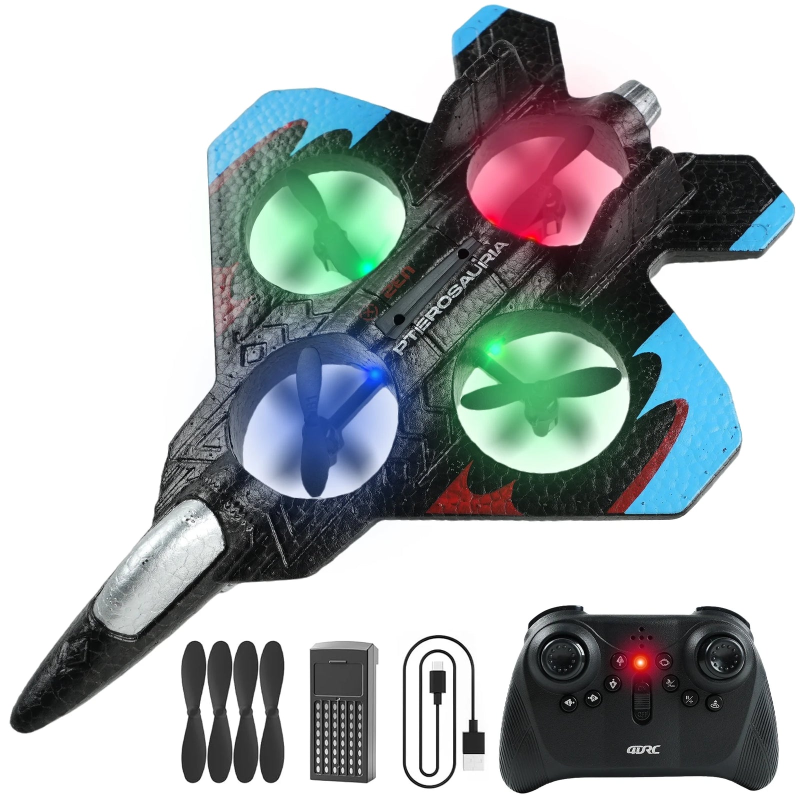 Avion cu telecomanda, acrobatii 360, lumini LED, albastru, 4.6 x 19.5 x 25.5 cm,