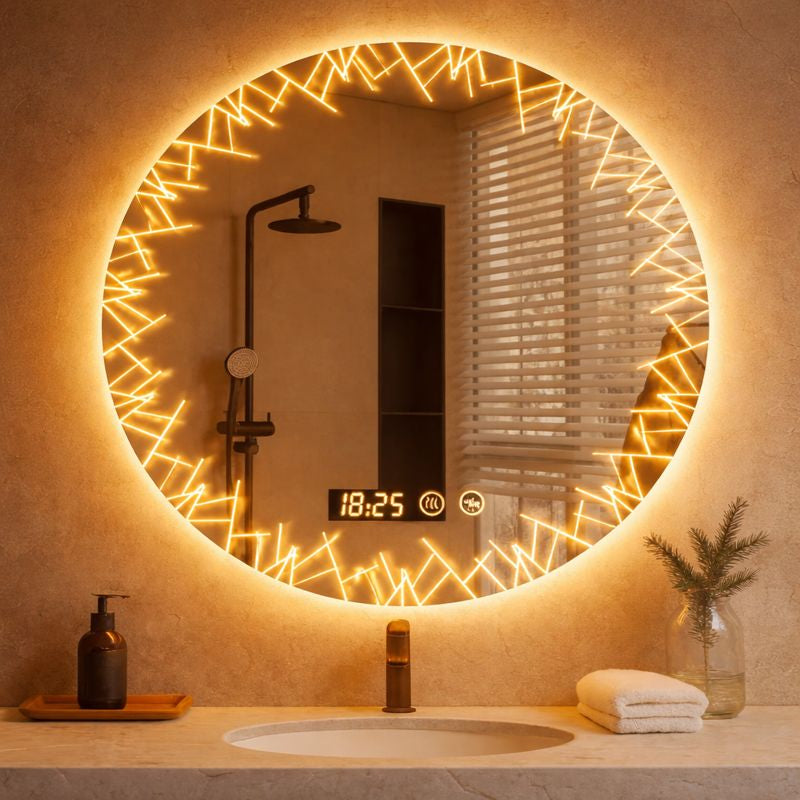 Oglinda LED baie cu dezaburire, ceas si termometru, 80cm