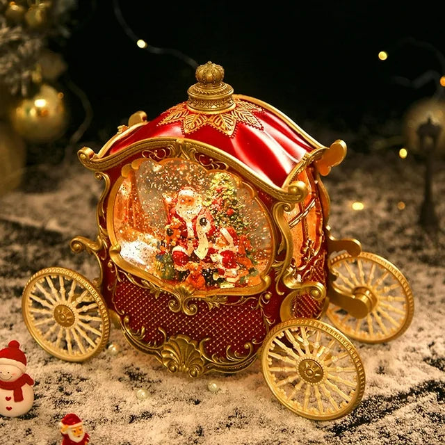 Felinar LED Luminos Premium "Caleasca Lui Mos Craciun", cu 8 Melodii si Invarte Zapada,USB,Baterii