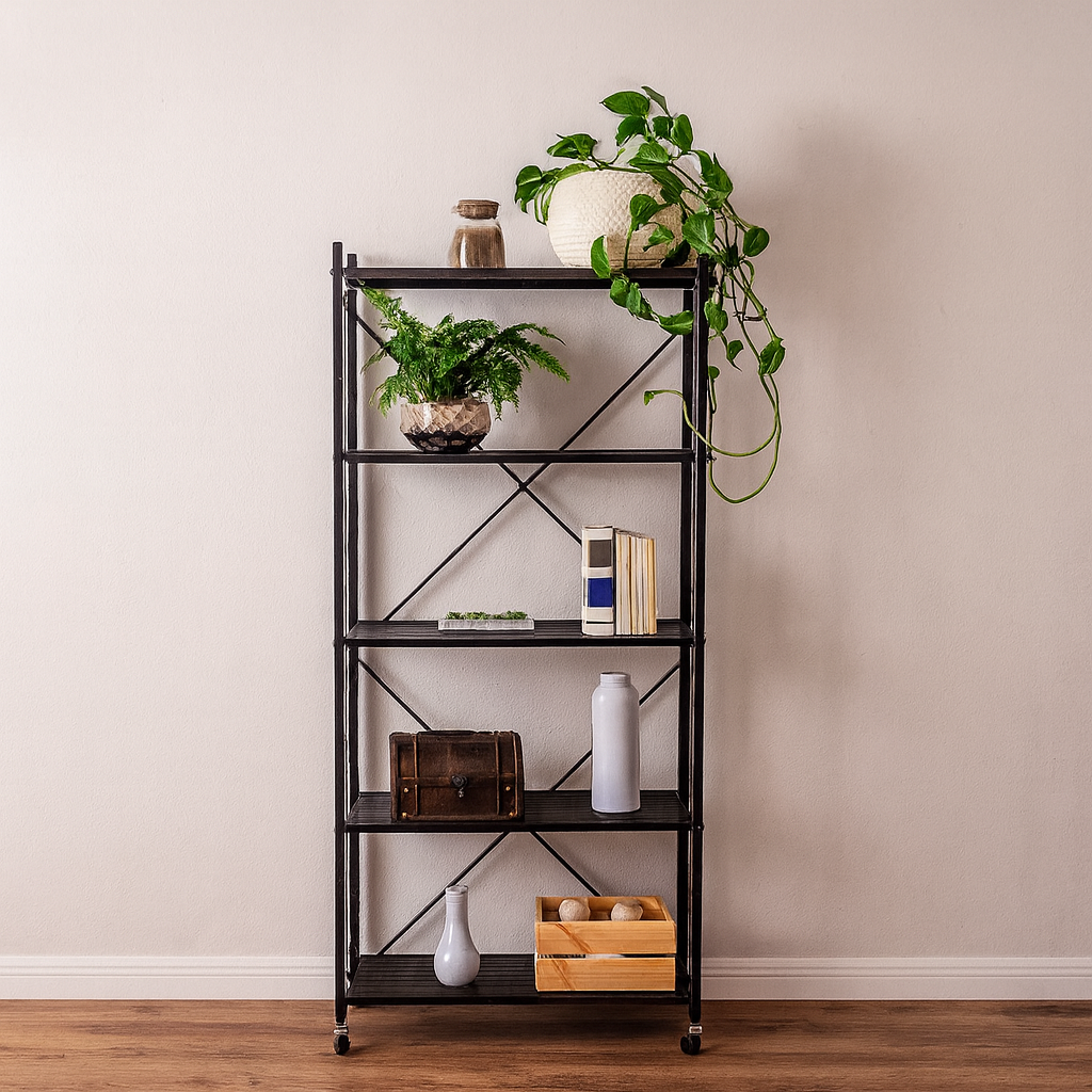 Raft depozitare metalic, pliabil, pe roti, 5 polite, Negru, 50 kg, 72x34x163 cm