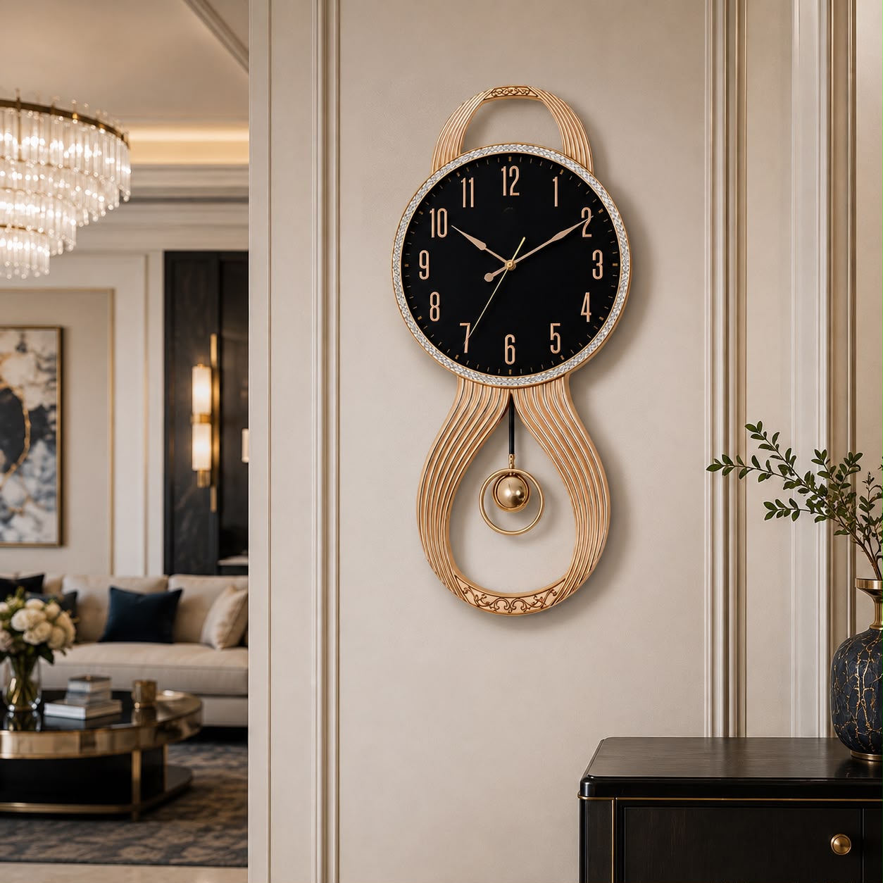 Ceas de Perete cu Pendul Design Elegant Negru Auriu Mecanism Quartz - imagine principala