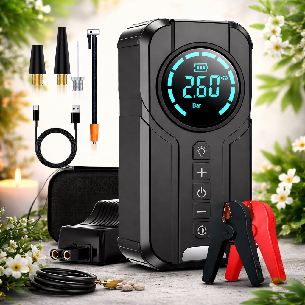 Compresor auto multifunctional 5 in 1 cu pornire urgenta, afisaj digital si baterie externa