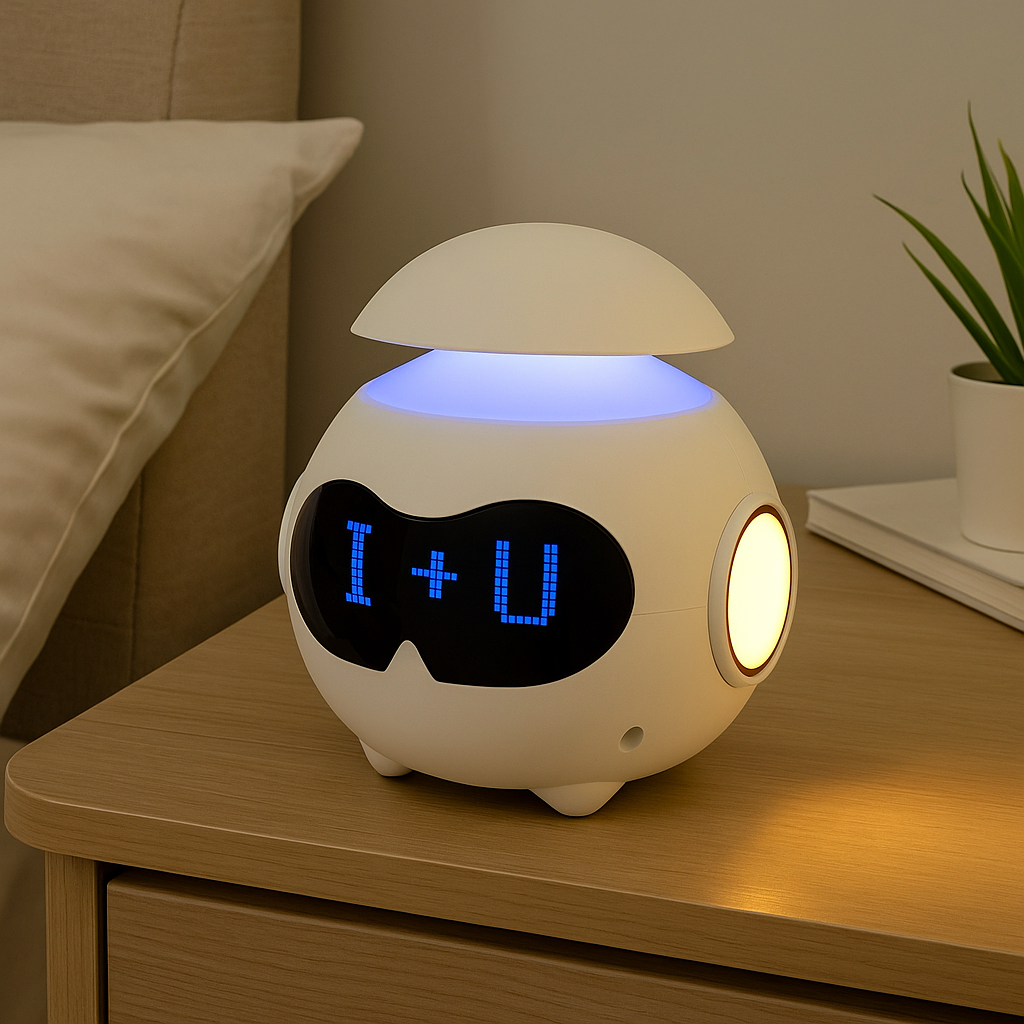 Ceas desteptator Emoji cu lumină si difuzor Bluetooth – Robot amuzant pentru trezire si decor modern