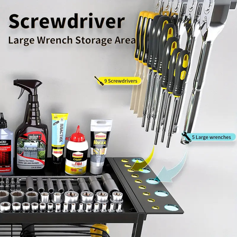 Raft pentru scule si unelte, din metal, cu montare pe perete, dimensiuni 60x41.5x24.5 cm, cu 4 compartimente de depozitare, carlige pentru agatare, negru