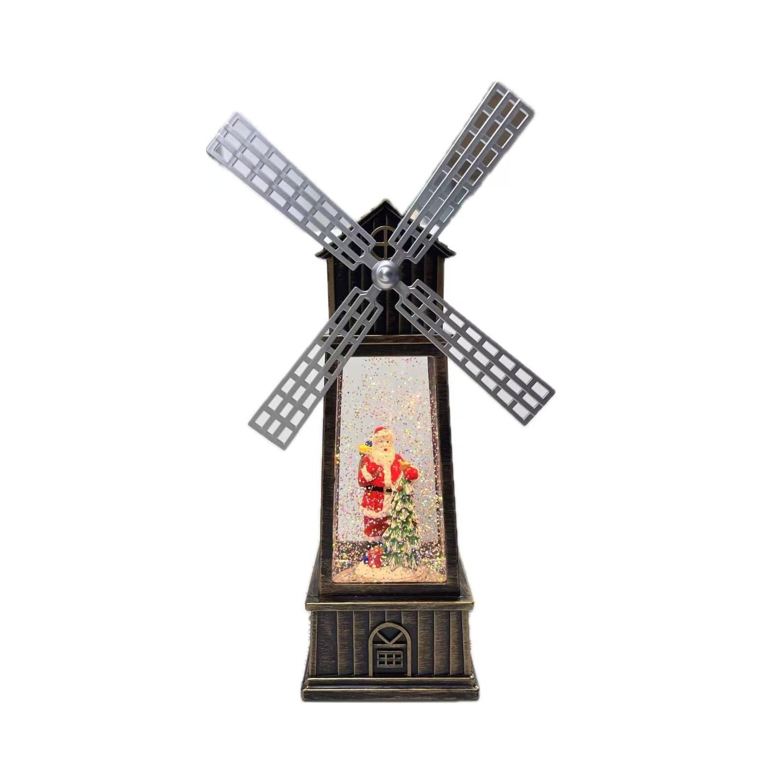 Decoratiune Craciun, Figurina Moara de Vant cu Mos Craciun, functie muzicala, zapada in miscare, cu baterii, Negru/Auriu, 3 Modele
