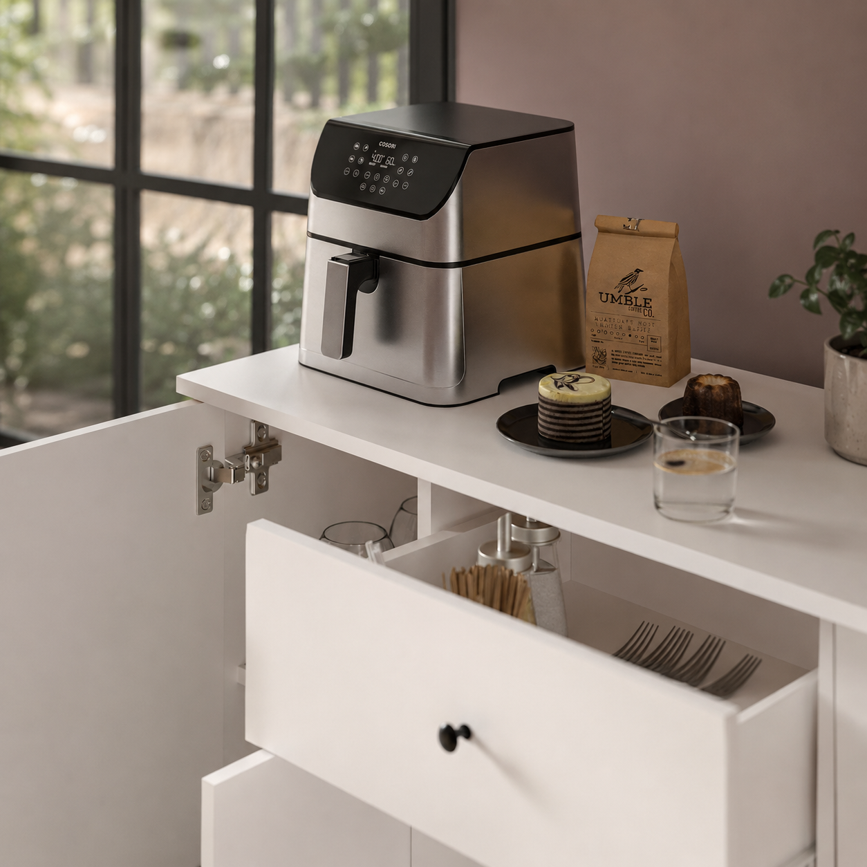 RESIGILAT - Dulap multifunctional 120x43,4x89 cm, cu 4 usi si sertare, pentru bucatarie, camara sau colt de cafea, alb