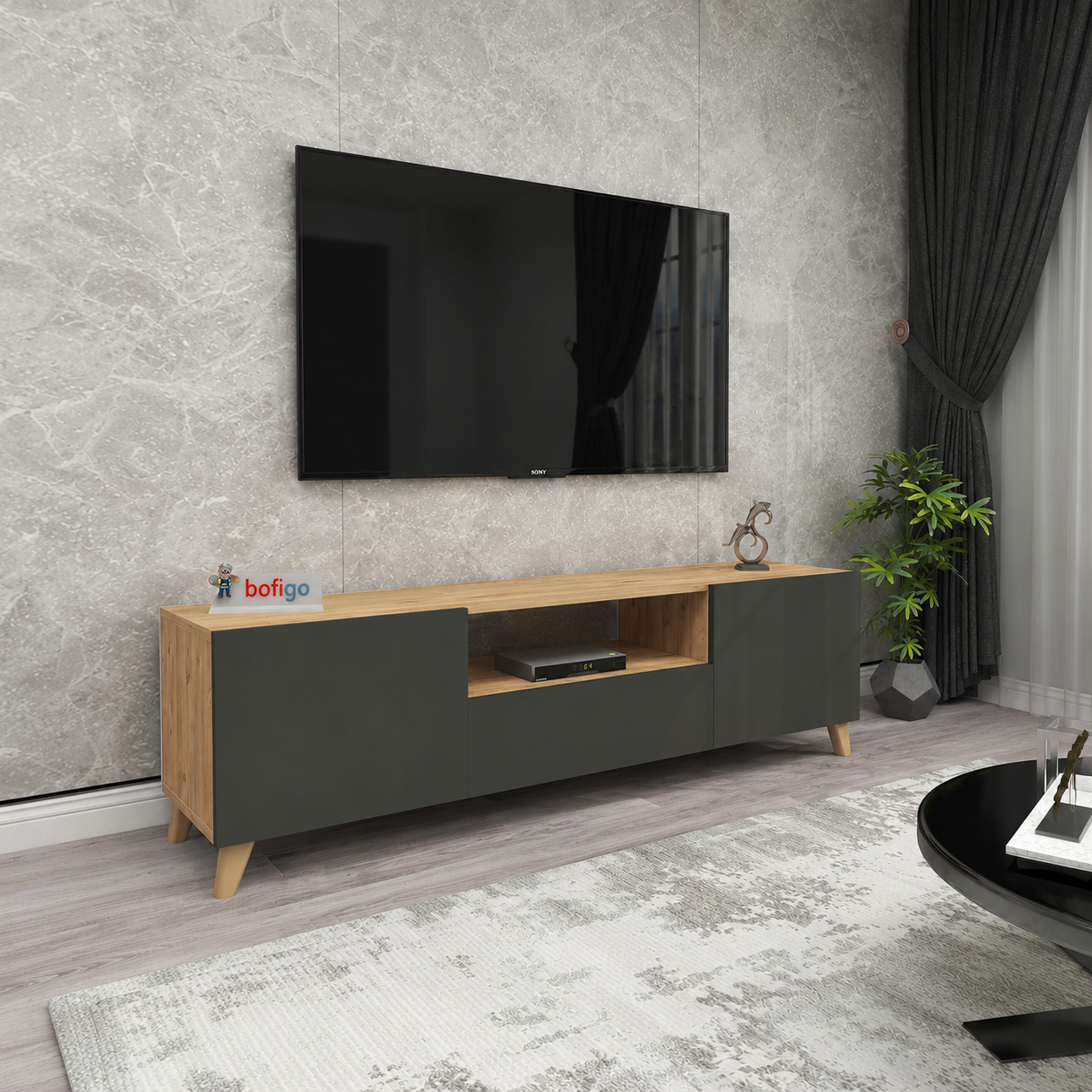 Comoda TV living 60 x 31,8 x 44,8 cm cm, 2 usi rabatabile soft-close, PAL melaminat 18 mm clasa E1, stil scandinav