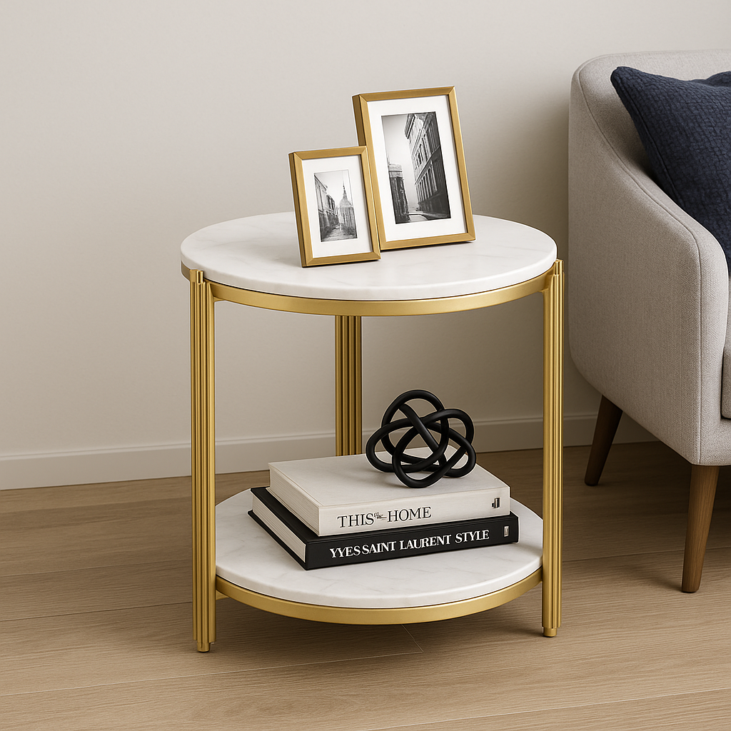 Masuta rotunda pe 2 nivele, blat tip piatra, cadru metalic auriu, design elegant, 60x30 cm