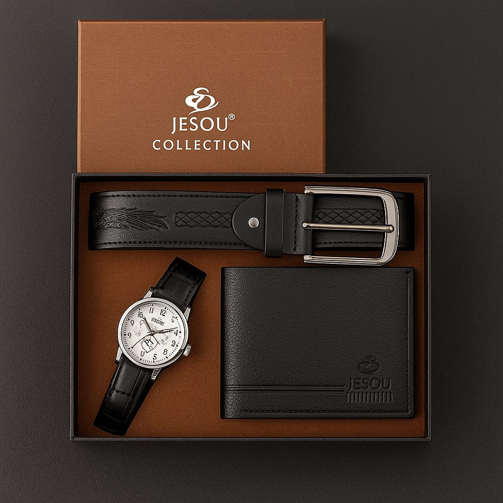 Set Cadou Barbati – Portofel, Curea si Ceas Casual din Imitatie Piele Premium