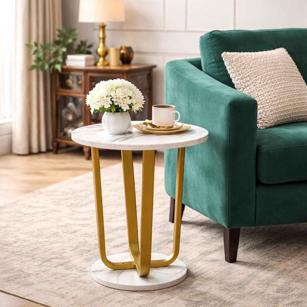 RESIGILAT - Masuta rotunda, blat efect marmura, cadru metalic auriu, design modern, 40x55 cm
