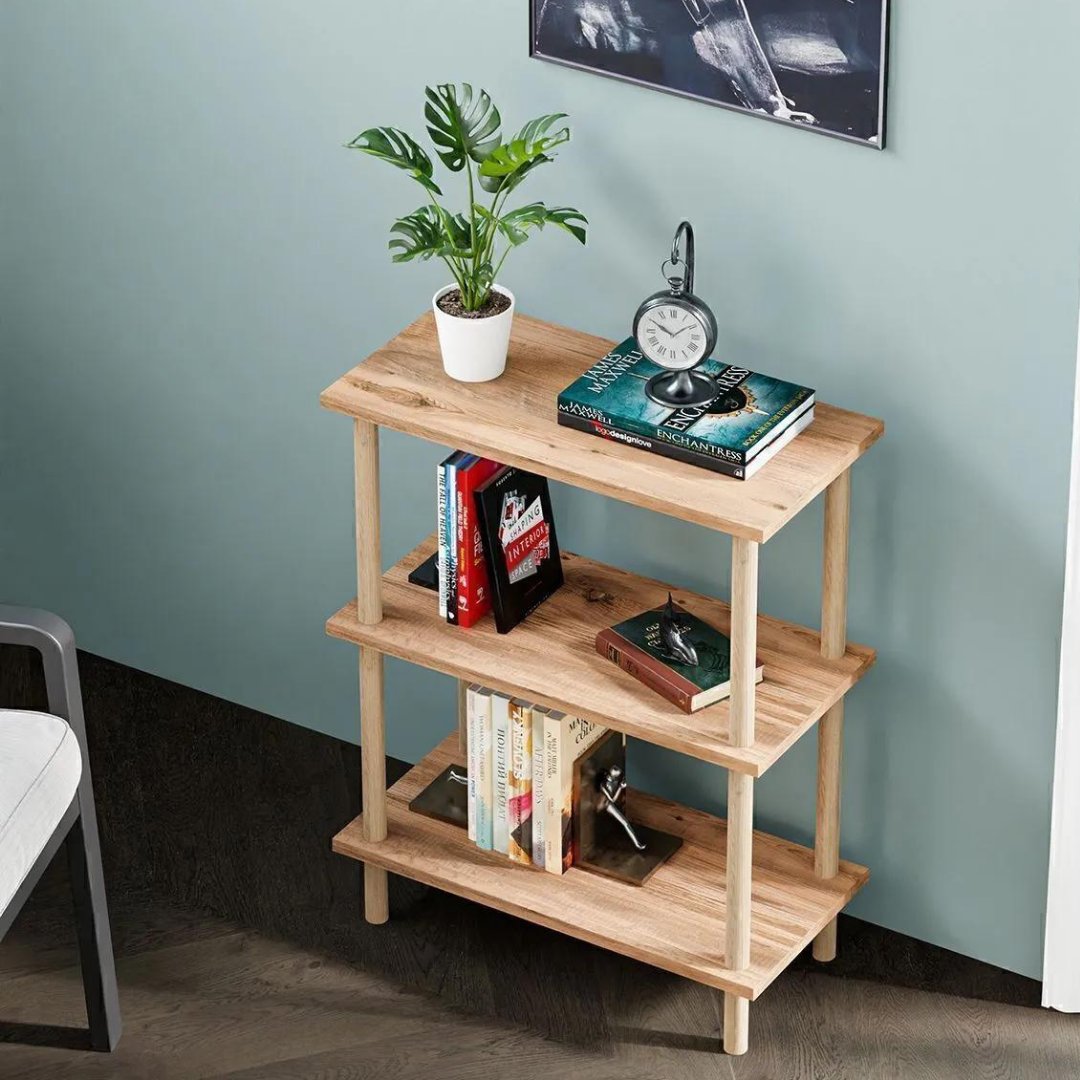 Etajera decorativa cu 3 rafturi si picioare din lemn – ideala ca biblioteca sau masuta laterala