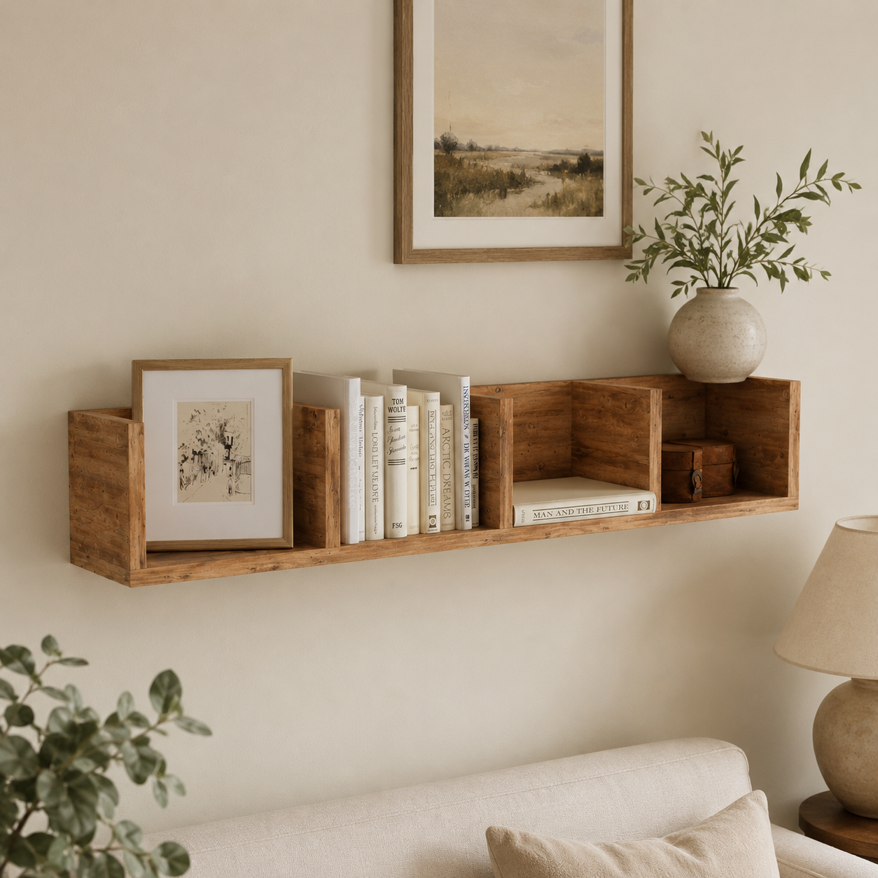 Raft suspendat din PAL 90,5x17,8x17 cm, cu 4 compartimente, pentru carti si decoratiuni