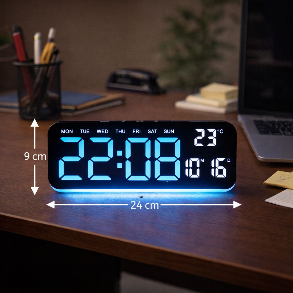 Ceas digital LED multifunctional cu afisaj mare si iluminare ambientala, 24 x9 cm