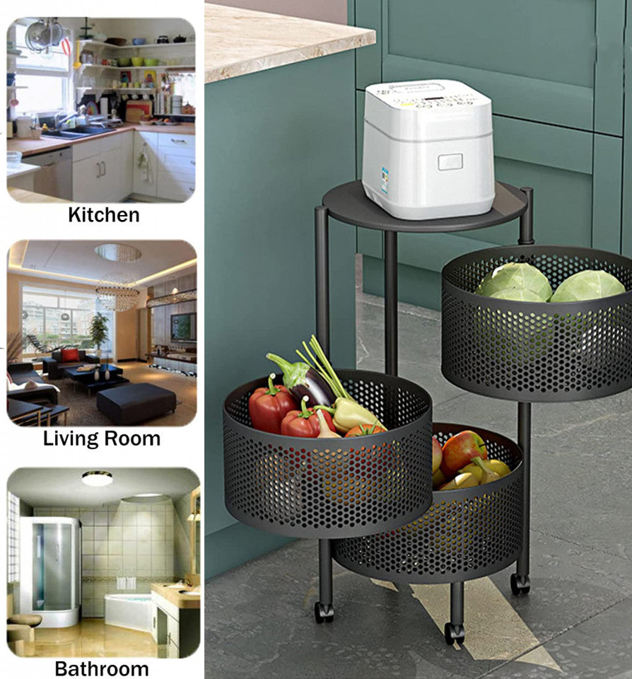 Etajera multifunctionala cu 3 rafturi metalice rotative, 60x34cm