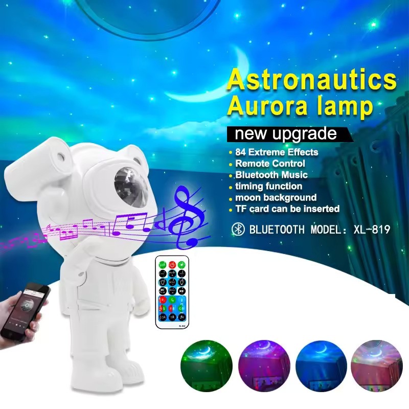 Proiector LED in forma de astronaut cu sunete si lumini, stickere autoadezive, conexiune Bluetooth