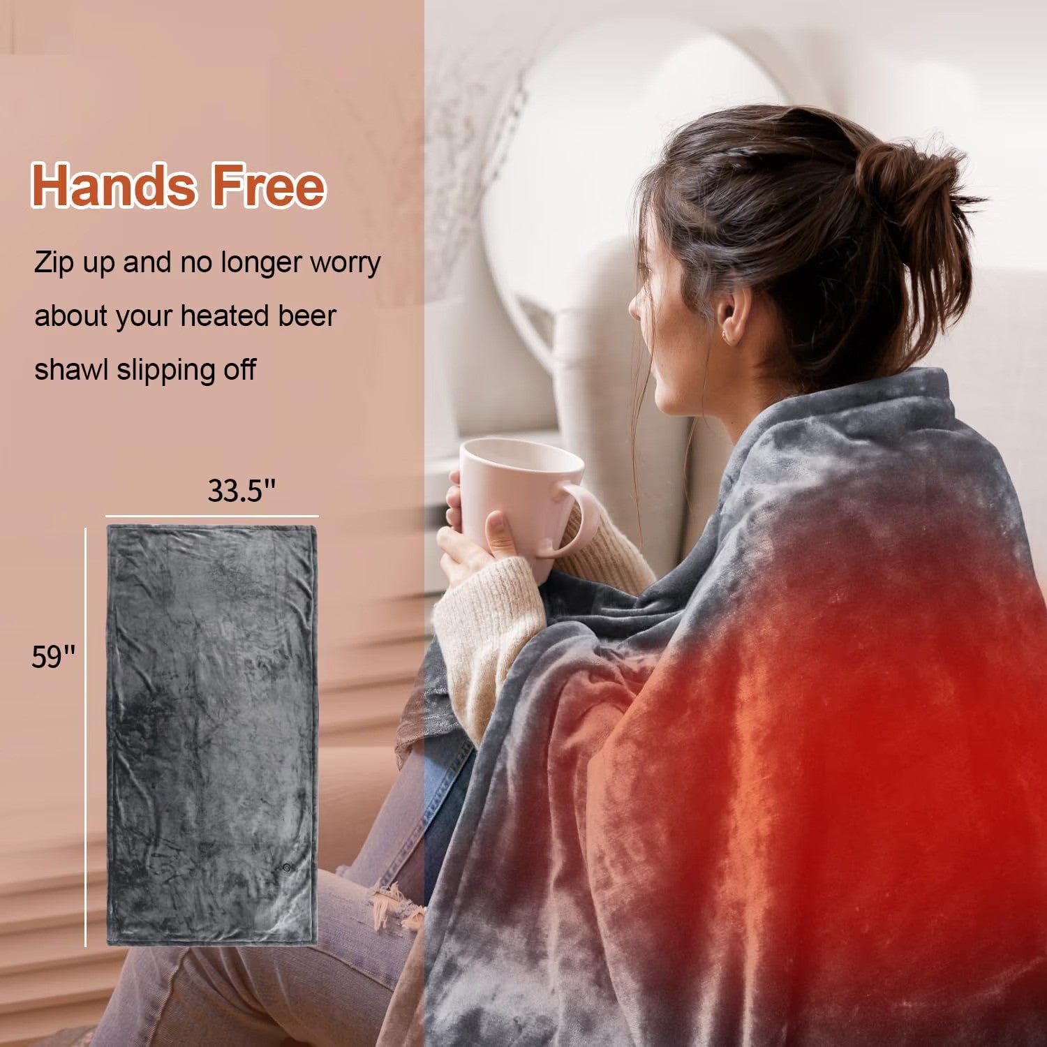 Patura electrica cu incalzire USB tip hoodie, 150x85cm, 3 niveluri de temperatura, gri