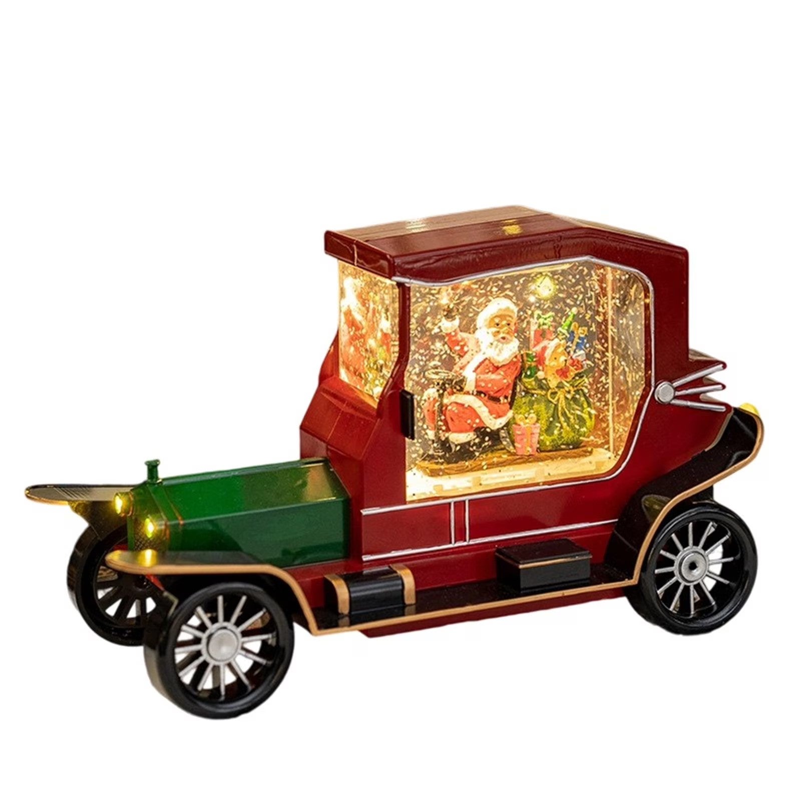 Decoratiune Craciun tip masina de epoca cu Mos Craciun si cadouri, functie muzicala, zapada in miscare, 6x27 cm16x27cm
