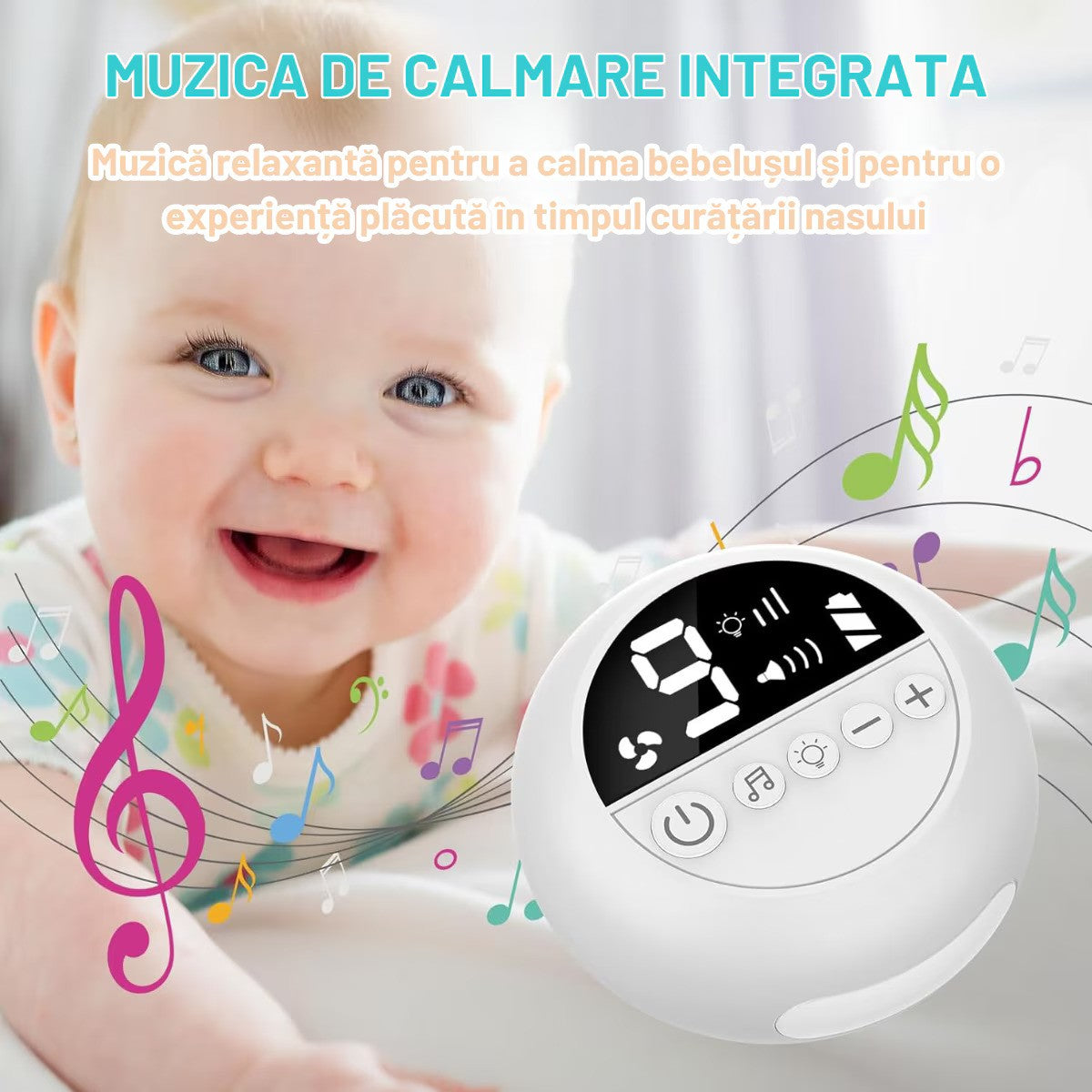 Aspirator nazal electric pentru bebelusi si copii, 9 niveluri de aspiratie reglabile, lumina de noapte cu muzica linistitoare, Incarcare USB, Display LED,