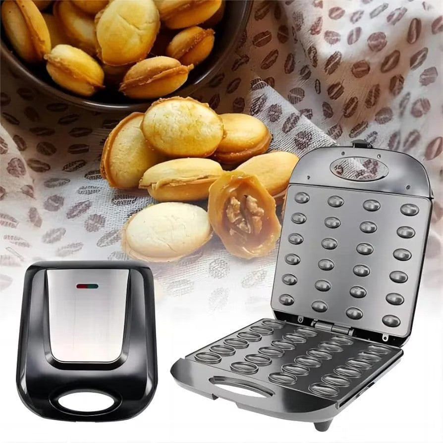 Aparat pentru preparat forme de nuci Hoffmans, 24 forme, 1400W, Indicator luminos, Placi antiaderente, Negru/Inox