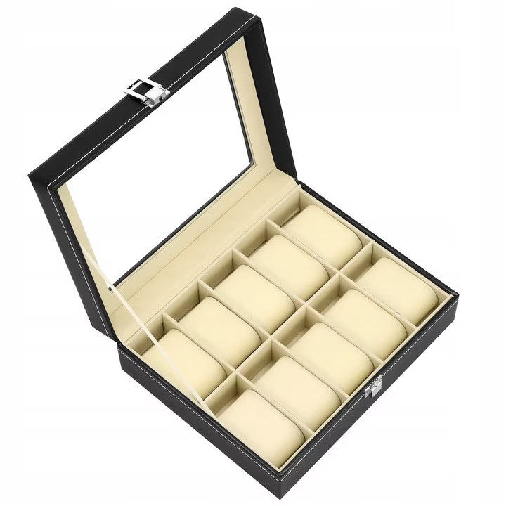 Cutie ceasuri, Piele ecologica, Pentru 10 ceasuri, 25 x 20 x 8 cm, Negru/Crem