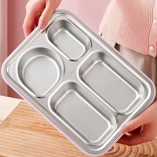 Caserola termica 4 compartimente din inox pentru copii cu lingurita, 900 ml, 16.8 X 22.6 X 6.5cm