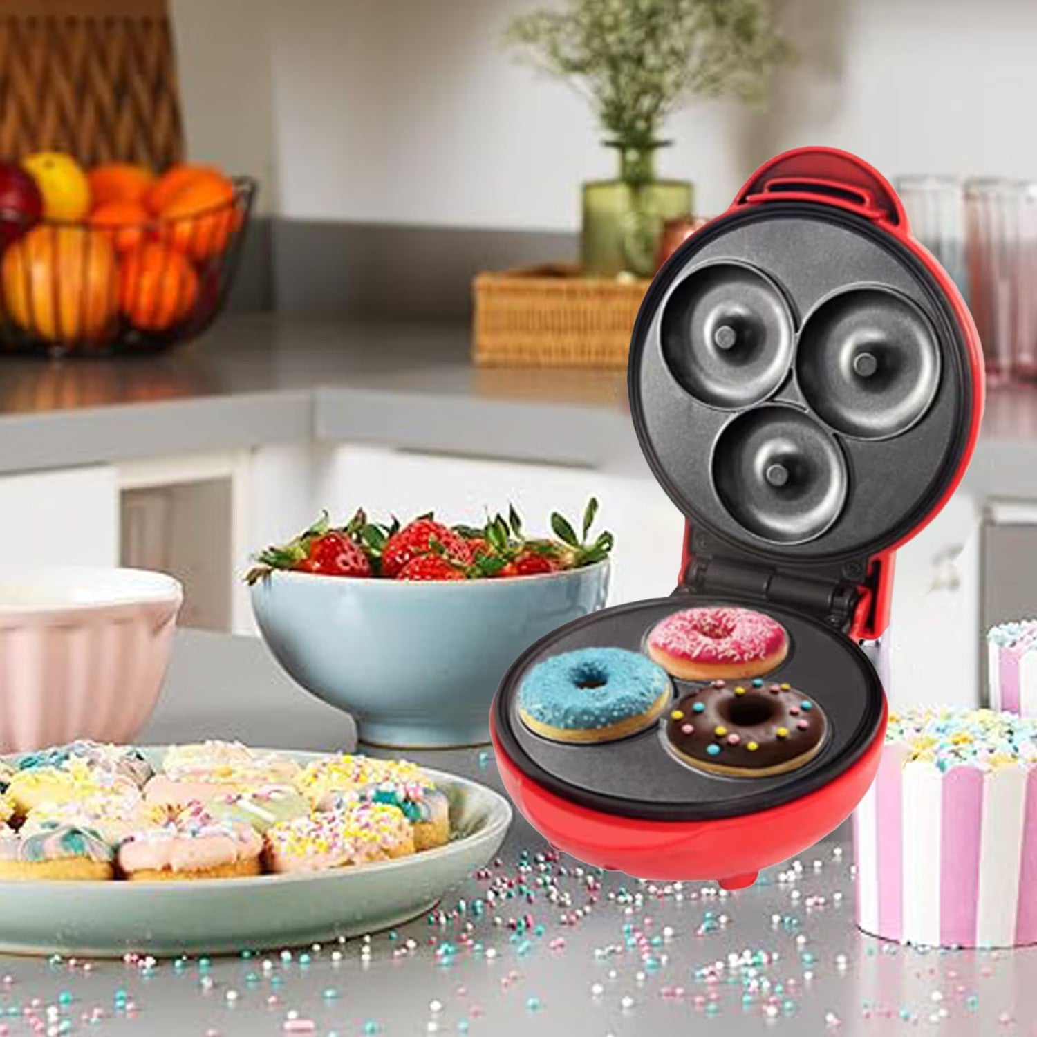 Mini Aparat de preparat gogosi, 3 orificii, antiaderent, 350W, 165x85x125mm, rosu