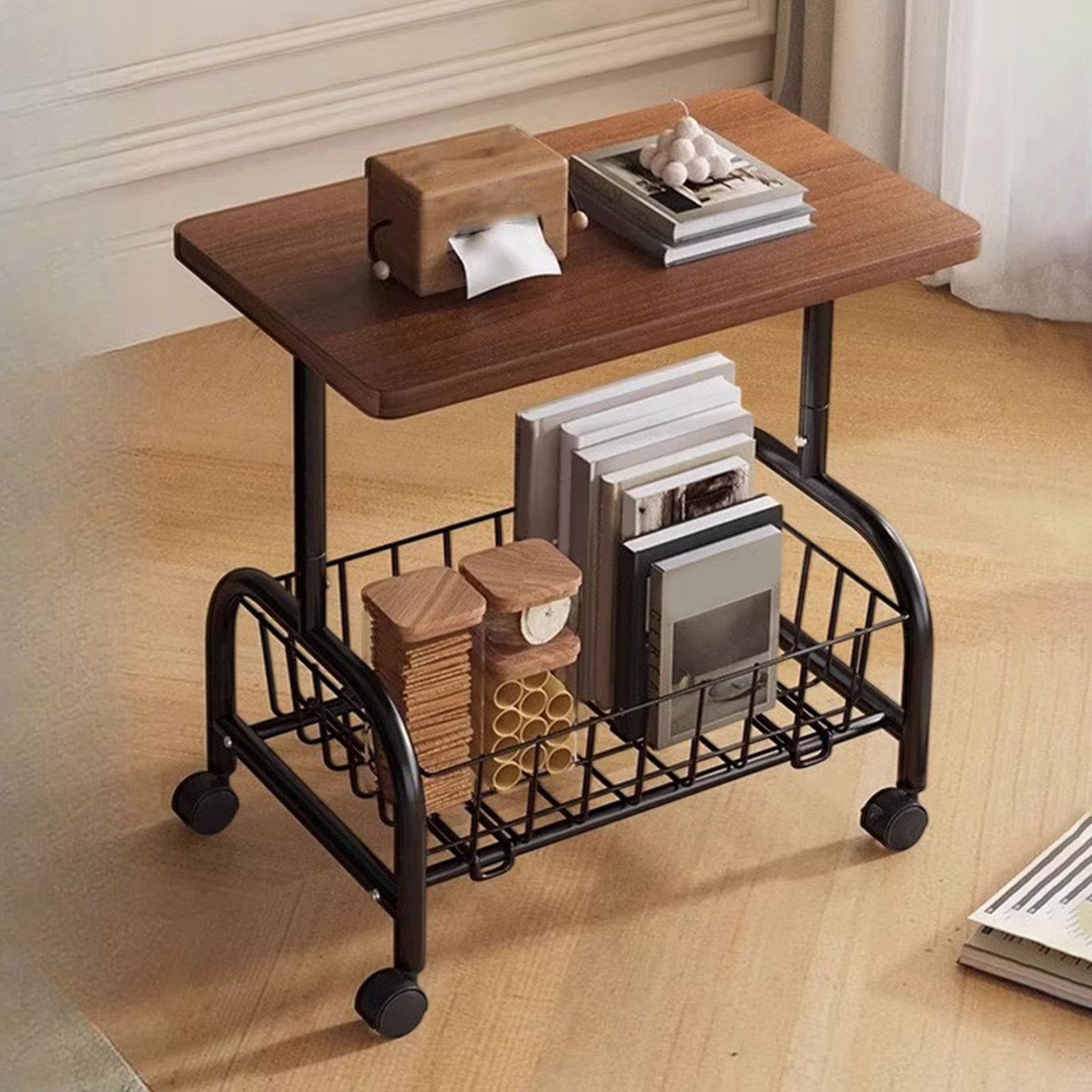 Masuta laterala tip coffee table, carucior mobil cu blat si rafturi metalic , 50x40x30 cm