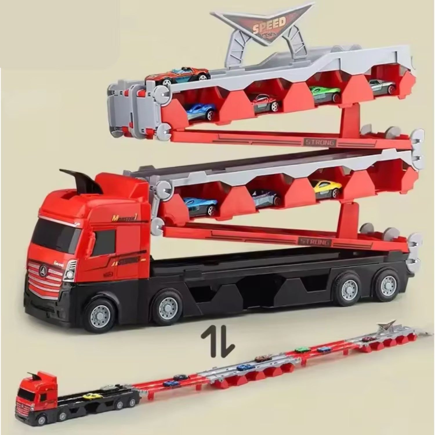 Jucarie Set Camion Trailer pentru Transport Masinute de curse, Tir cu 6 Masini Incluse pentru Copii de 3,4,5,6 ani, Catapultare Vehicule, Platforma si Pista de curse, Prelungire 2.0m