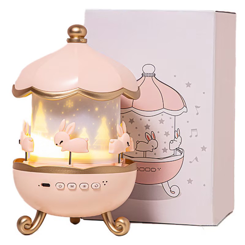 Carusel iepurasi cu proiectie stelara si rotire 360° – lampa veghe copii, 12 de moduri de lumina