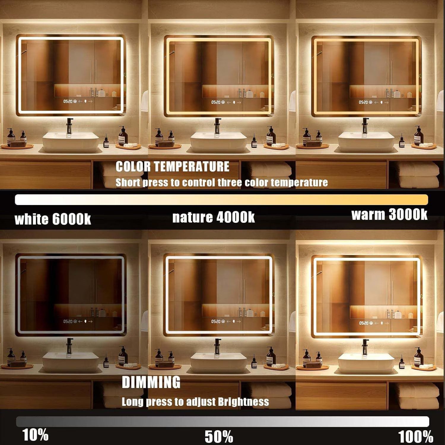 Oglinda LED pentru baie 60x80 cm, sistem Dezaburire, Senzor Touch, Ceas, Trei Tipuri de Lumina