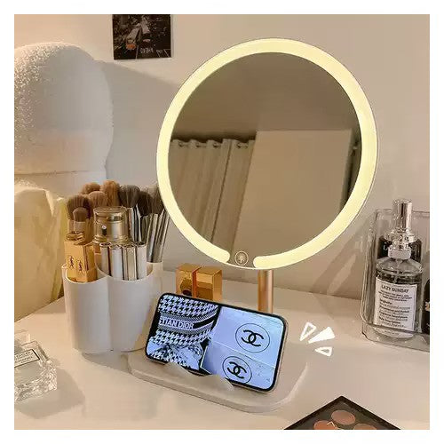 Oglinda cosmetica, cu iluminare LED, suport pentru telefon, organizator de farduri, din ABS si sticla, cu picior, baza antialunecare, alb