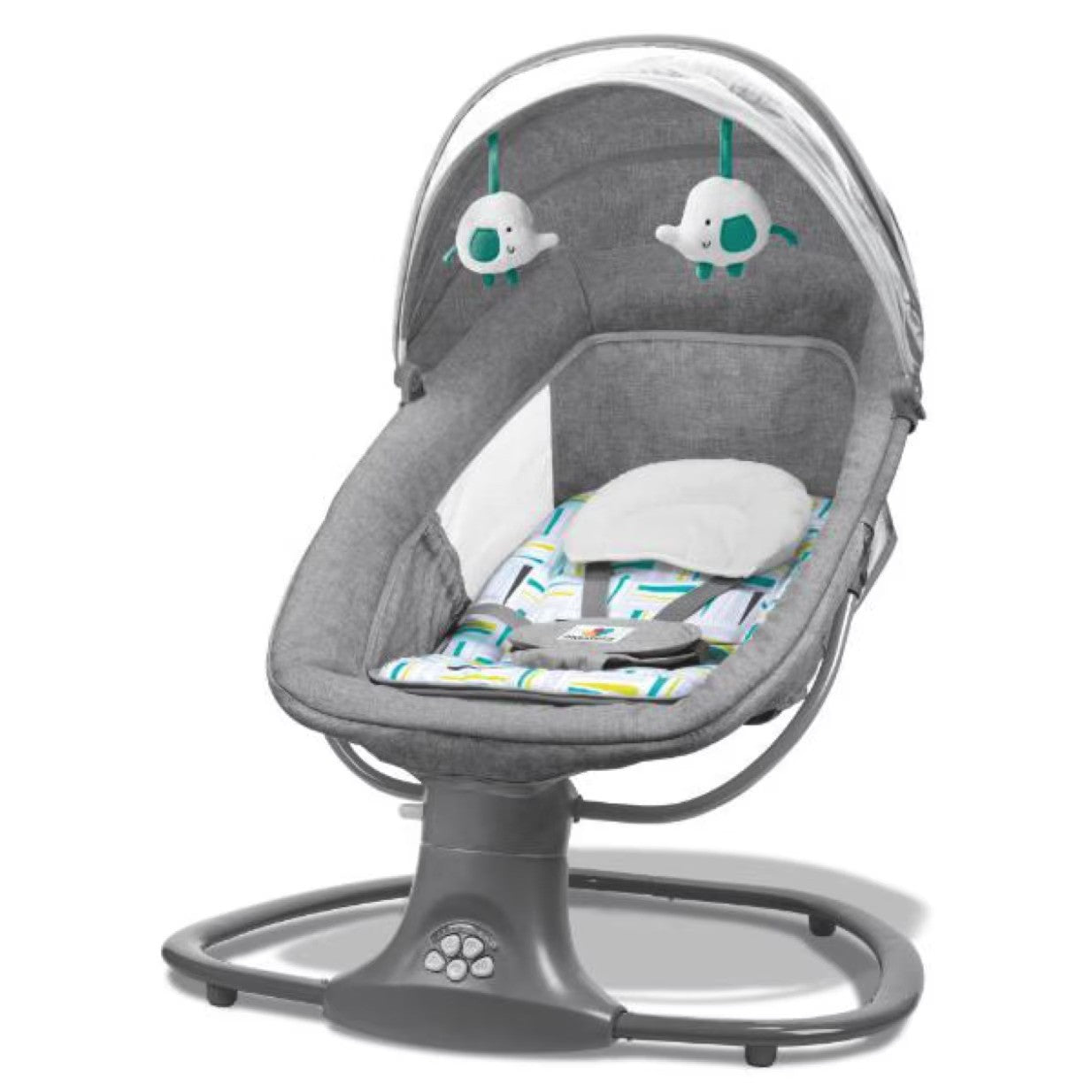 Balansoar copii 3 in 1, Electric, cu Plasa Tantari, Perna Detasabila, Jucarii, USB, Bluetooth, Telecomanda, 0-3 ani, Gri