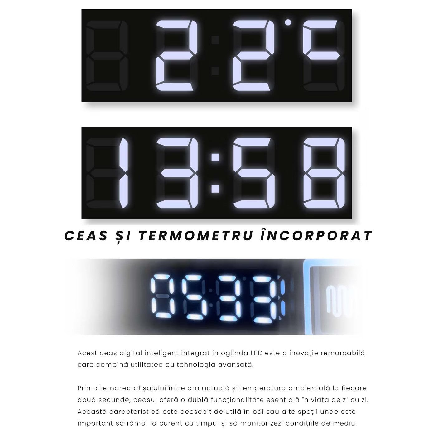 Oglinda LED pentru baie 60x80 cm, sistem Dezaburire, Senzor Touch, Ceas, Trei Tipuri de Lumina