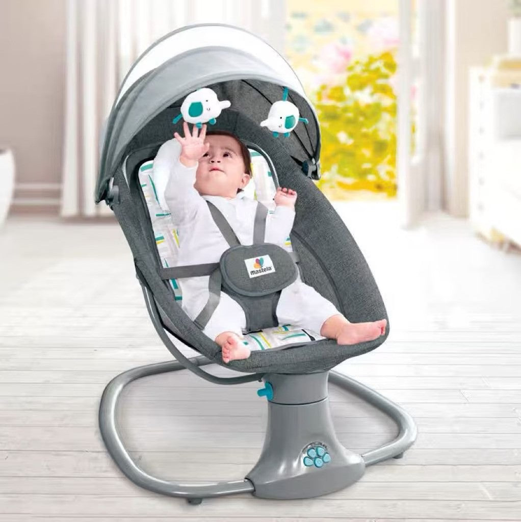 Balansoar copii 3 in 1, Electric, cu Plasa Tantari, Perna Detasabila, Jucarii, USB, Bluetooth, Telecomanda, 0-3 ani, Gri