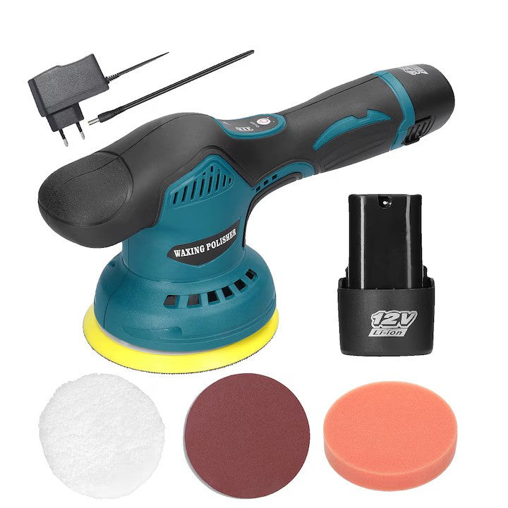Aparat Polish Auto, 2 Acumulatori 12V, fara fir, portabil, 2500-5000 Rpm, 8 Viteze, Albastru/Negru